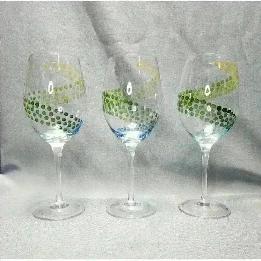 Yellow Green & Blue Ombre Polka Dot Swirl Wine Glass 20 oz (Set of 3 Glasses)
